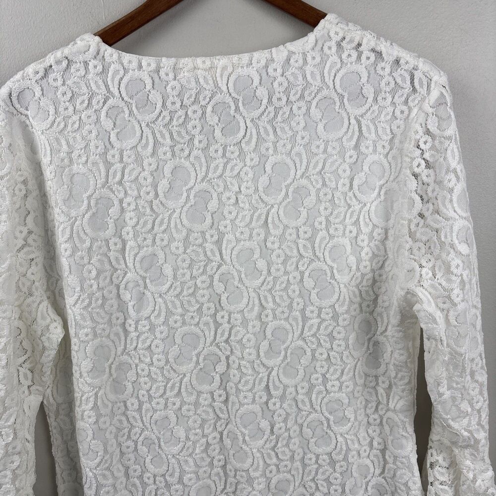 Cactus Brand Women's Lace Blouse Large White Lined Long Sleeve Ruffled Feminine - Picture 10 of 11